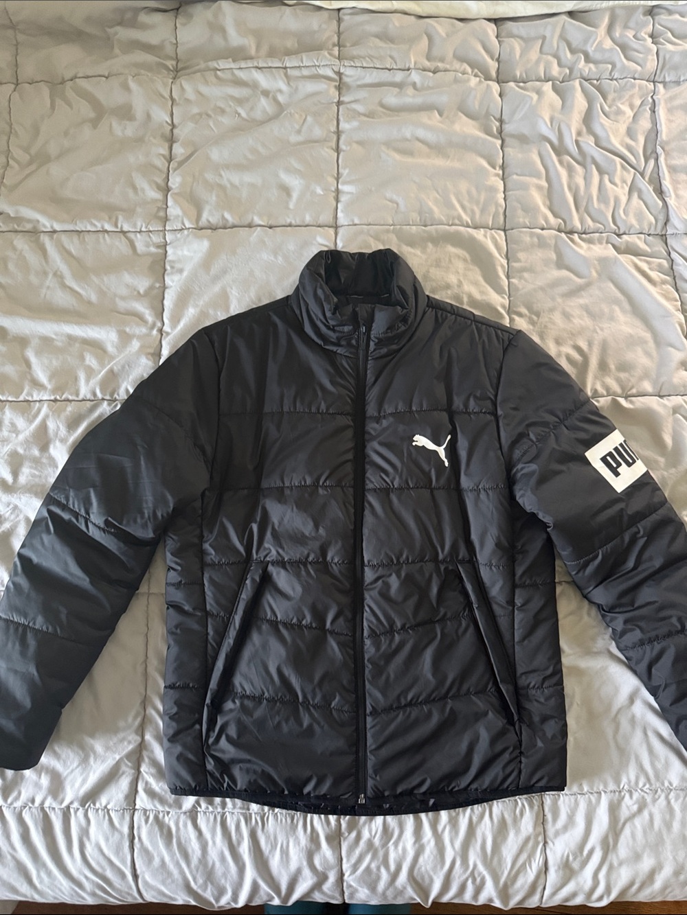 Puma Black Quilted Puffer Jacket with White Logo Large